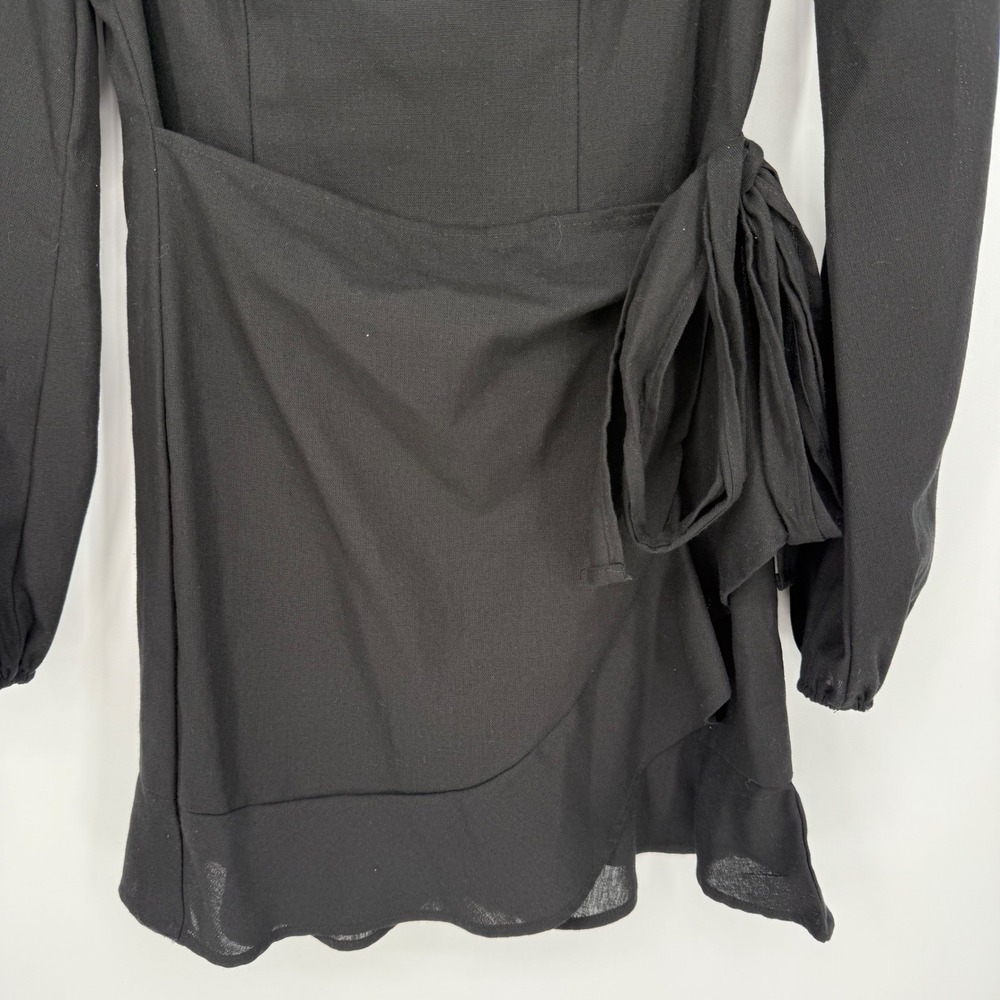 Princess Polly Villa Black Long Sleeve Linen Blend Faux Wrap Skirt Mini Dress 8 - Picture 3 of 10